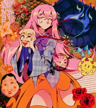 1girl blue_shirt bow bowtie buttons cowboy_shot crossed_bangs expressionless fire flower hair_between_eyes hata_no_kokoro highres holding holding_mask long_hair long_sleeves mask orange_skirt pink_eyes pink_hair plaid_clothes plaid_shirt pocket_watch purple_bow red_flower red_rose rhythm_pagi rose shirt skirt skirt_cutout solo thick_thighs thighs touhou watch wide_sleeves