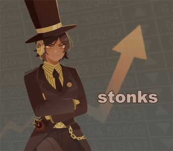 1girl 1other artist_name belt brown_coat brown_eyes brown_hair brown_necktie brown_pants chain clock coat commentary dante_(limbus_company) dark-skinned_female dark_skin fire gears hat limbus_company meme mini_person necktie object_head outis_(project_moon) pants project_moon projecttiger shirt short_hair stonks_(meme) striped_clothes striped_shirt symbol-only_commentary t_corp._(identity)_(project_moon) top_hat yellow_shirt