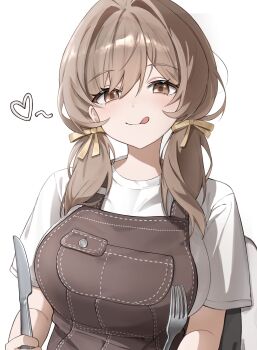 1girl absurdres alternate_costume artist_request bow bready_(nikke) breasts brown_eyes brown_hair brown_overalls cutlery fork goddess_of_victory:_nikke hair_bow hair_over_shoulder heart highres holding holding_fork holding_knife knife large_breasts licking_lips low_twintails medium_hair overalls pmong shirt sitting smile solo tongue tongue_out twintails white_background white_shirt yellow_bow