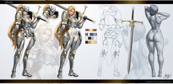 1girl 2025 absurdres arm_at_side armor art_study artist_name ass blonde_hair blue_eyes bodysuit color_guide commentary completely_nude concept_art cuirass cuisses english_commentary faulds from_behind full_body gauntlets greatsword greaves helmet highres holding holding_sword holding_weapon lineart long_hair looking_at_viewer moonlen-jack multiple_views nude original pauldrons poleyn ponytail sabaton scar scar_on_back shoulder_armor signature standing sword twitter_username very_long_hair visor_(armor) weapon white_bodysuit