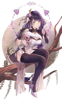 1girl absurdres alternate_costume black_bridal_gauntlets black_thighhighs breasts bridal_gauntlets chinese_clothes chinese_commentary cleavage commentary_request dress flower footwear_flower genshin_impact hair_flower hair_ornament hand_up high_heels highres japanese_clothes konbunyas large_breasts looking_at_viewer mole mole_under_eye parted_lips purple_eyes purple_flower purple_hair purple_shoes raiden_shogun shoes sitting sitting_on_branch snake solo thighhighs thighs white_dress white_snake