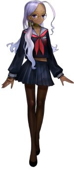 10s 1girl ahoge bindi bracelet choker dark-skinned_female dark_skin facial_mark fate/extra fate_(series) female_focus forehead_mark full_body glasses jewelry light_purple_hair long_hair necklace official_art pantyhose petite purple_eyes rani_viii school_uniform serafuku simple_background skirt solo type-moon wada_arco wavy_hair white_background