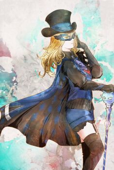 1girl black_gloves black_hat black_thighhighs blonde_hair blue_mage_(final_fantasy) blue_necktie blue_shorts blue_vest cane cape commentary domino_mask eye_mask final_fantasy final_fantasy_xiv garter_straps gloves green_eyes hand_up hat hyur long_hair mask necktie ruka_(blueplus84) shorts solo thighhighs top_hat two-sided_cape two-sided_fabric vest warrior_of_light_(ff14)