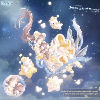 1girl animal_ear_hairband animal_ears artist_request asymmetrical_legwear back_ribbon bear bear_ear_hairband bear_ears blue_ribbon bow bracelet brown_hair character_name closed_eyes closed_mouth cloud collar copyright_name detached_collar dress english_text fake_animal_ears falling footwear_bow frilled_sleeves frills full_body full_moon fur-trimmed_dress fur_trim gradient_socks hair_bow hair_ornament hair_ribbon hairband happy high_heels holding holding_stuffed_toy hugging_object jewelry journey_in_sweet_dreams_(miracle_nikki) kneehighs knees lace_ribbon light_particles logo lolita_fashion long_hair medium_dress miracle_nikki mismatched_legwear moon night night_sky nikki_(series) off-shoulder_dress off_shoulder official_art outdoors pleated_dress puffy_short_sleeves puffy_sleeves pumps ribbon shoes short_sleeves sky smile socks solo sparkle star_(sky) star_(symbol) star_hair_ornament starry_sky striped_clothes striped_socks stuffed_animal stuffed_toy teddy_bear train_(clothing) two-tone_socks vertical-striped_clothes vertical-striped_socks very_long_hair wavy_hair white_collar white_hairband white_shoes white_socks yellow_bow yellow_dress yellow_socks
