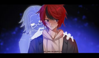 2boys aotsuki_eito black_hair black_jacket blue_background blue_eyes chinese_commentary closed_mouth clothes_writing commentary_request drawstring english_text eyelashes glasses hand_on_another&#039;s_shoulder hand_up highres hood hood_down hoodie jacket kualie_xiaozhao lapels letterboxed long_sleeves male_focus multicolored_hair multiple_boys notched_lapels open_clothes open_jacket rectangular_eyewear red_hair see-through_body semi-rimless_eyewear short_hair smile streaked_hair sumino_takumi sweat the_hundred_line_-last_defense_academy- tsurime two-tone_hair variant_set white_hoodie