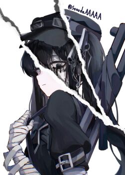 1girl absurdres bandaged_arm bandages black_hair black_hat black_tears closed_mouth commentary_request from_side goggles goggles_on_headwear grey_eyes hand_up hat highres holding_strap kurobe_nanoka long_hair looking_at_viewer looking_back mahou_shoujo_no_majo_saiban page_tear revealing_layer simple_background solo sonodaaaaaa spoilers twintails upper_body weapon weapon_on_back white_background