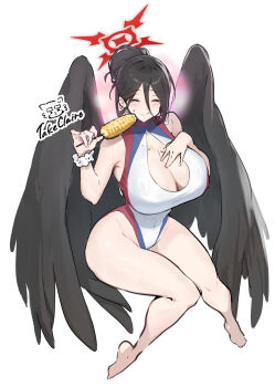 1girl artist_name barefoot black_hair black_wings blue_archive breasts cleavage cleavage_cutout closed_eyes clothing_cutout commentary_request corn corn_cob eating feathered_wings food hair_between_eyes hair_bun halo hand_on_own_chest hasumi_(blue_archive) hasumi_(swimsuit)_(blue_archive) highleg highleg_one-piece_swimsuit highres huge_breasts large_breasts long_hair_between_eyes loosely_tucked_bangs low_wings one-piece_swimsuit oversized_wings prototype_design red_halo scrunchie simple_background solo swimsuit takeclaire white_background wings wrist_scrunchie