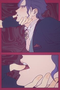 2boys absurdres ace_attorney ascot barok_van_zieks black_gloves black_jacket blue_eyes breast_pocket chinese_commentary commentary_request fingerless_gloves gloves grey_vest hand_on_another's_chin herlock_sholmes highres jacket kaze_(yznyttdgs) male_focus multiple_boys open_mouth out_of_frame pink_ascot pocket pocket_square purple_hair red_pupils saliva shirt the_great_ace_attorney vest wavy_background white_shirt yaoi