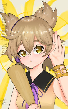 Rule 34 | 1girl, aura, blonde hair, blush, bracelet, dress, hajime horizon, headphones, highres, jewelry, neck ribbon, ribbon, short hair, sleeveless, sleeveless dress, solo, touhou, toyosatomimi no miko, yellow eyes