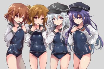 Rule 34 | 1girl, 4girls, absurdres, akatsuki (kancolle), anchor symbol, black hat, black sailor collar, blue one-piece swimsuit, brown eyes, brown hair, commentary request, flat cap, folded ponytail, grey hair, hat, hibiki (kancolle), highres, hirune (konekonelkk), ikazuchi (kancolle), inazuma (kancolle), kantai collection, long hair, multiple girls, neckerchief, old school swimsuit, one-piece swimsuit, purple hair, red neckerchief, sailor collar, sailor shirt, school swimsuit, school uniform, serafuku, shirt, short hair, solo, swimsuit, swimsuit under clothes, white shirt