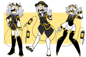 1boy 2girls android armband black_footwear black_hairband black_hat black_jacket black_skirt colored_skin face_filter formal_clothes glasses grey_hair grey_skin hairband hat highres humanoid_robot j_(murder_drones) jacket joints looking_at_viewer machine mechanical_arms multiple_girls murder_drones n_(murder_drones) necktie open_mouth raised_eyebrow redesign robot robot_girl robot_joints rocket_boots sd_dja short_hair short_sleeves sideways_mouth simple_background skirt skirt_suit smile suit tail thighhighs twintails v_(murder_drones) white_hair yellow_armband yellow_eyes