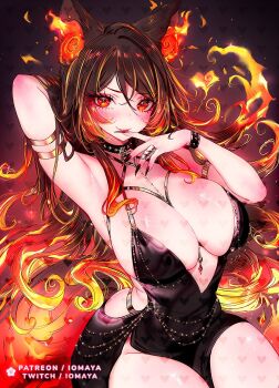 1girl alternate_costume animal_ears arm_behind_head bare_shoulders black_dress blonde_hair blush breasts brown_hair cleavage commentary dress english_commentary fingernails highres indie_virtual_youtuber large_breasts long_fingernails long_hair looking_at_viewer multicolored_hair nixeu patreon_username red_eyes red_hair sinder_(vtuber) sitting sleeveless sleeveless_dress twitch_username very_long_hair virtual_youtuber wolf_ears