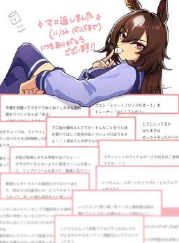 animal_ears bow bowtie breasts brown_hair commentary_request ear_ornament food hair_between_eyes highres holding horse_ears horse_girl long_hair long_sleeves looking_at_viewer marshmallow marshmallow_(site) multicolored_hair purple_sailor_collar purple_serafuku purple_shirt purple_skirt purple_thighhighs red_eyes sailor_collar sailor_shirt school_uniform serafuku shirt sirius_symboli_(umamusume) skirt solo streaked_hair thighhighs toji_(y2toj2) tracen_school_uniform umamusume white_bow white_bowtie