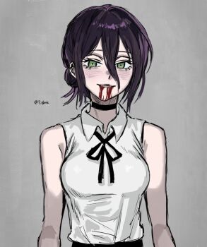 1girl black_choker black_ribbon blood blood_from_mouth chainsaw_man choker collared_shirt green_eyes grenade_pin grey_background hair_between_eyes highres looking_at_viewer neck_ribbon p_glansk purple_hair reze_(chainsaw_man) ribbon shirt sleeveless sleeveless_shirt solo