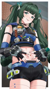 1girl absurdres android black_gloves black_shorts blue_vest blunt_bangs braid braided_sidelock breasts choker commentary fingerless_gloves gauntlets gloves green_hair haerge highres joints long_hair midriff navel qingyi_(zenless_zone_zero) robot_joints shorts shoulder_pads small_breasts solo thighs twintails vest zenless_zone_zero