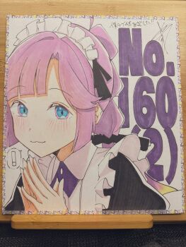 ! 1girl :3 alternate_costume anyoji_hime black_dress blue_eyes breasts cho_toutoi_love closed_mouth commentary_request dress highres link!_like!_love_live! looking_at_viewer love_live! maid maid_headdress pen_(medium) photo_(medium) pink_hair puffy_sleeves raised_inner_eyebrows shikishi solo spoken_exclamation_mark steepled_fingers traditional_media virtual_youtuber yaa-kun