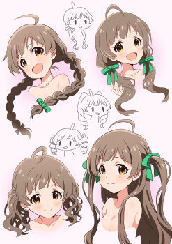 1girl ahoge alternate_hairstyle bow braid brown_eyes brown_hair closed_mouth goma_konbu green_bow hair_bow hakozaki_serika highres idolmaster idolmaster_million_live! long_hair low_twintails multiple_views open_mouth simple_background smile twin_braids twintails two_side_up white_background