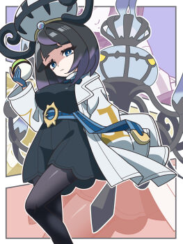 1girl black_dress black_hair black_pantyhose blue_eyes blue_gloves chandelure coat dress gen_5_pokemon gloves gradient_hair gwynn_(pokemon) highres holding holding_poke_ball kanbei_(pixiv11037490) mega_chandelure multicolored_hair nest_ball nintendo pantyhose partially_fingerless_gloves poke_ball pokemon pokemon_(creature) pokemon_legends:_z-a purple_hair solo white_coat
