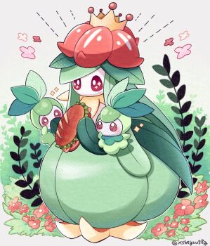 animal_focus bush colored_skin crown evolutionary_line flower food gen_5_pokemon grass green_skin leaf lilligant mochopaccho nintendo no_humans petilil pokemon pokemon_(creature) sandwich simple_background sparkle sparkling_eyes twitter_username white_background