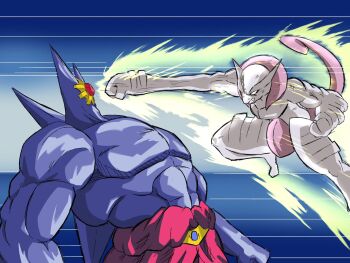 battle broly_(dragon_ball_z) colored_skin commentary_request dragon_ball dragonball_z gem gen_1_pokemon highres jewelry legendary_pokemon m_s_paragus mega_mewtwo_x mega_pokemon mega_starmie mewtwo muscular muscular_male nintendo parody pokemon pokemon_(creature) punching purple_skin red_gemstone scene_reference starfish starmie tail teeth topless_male