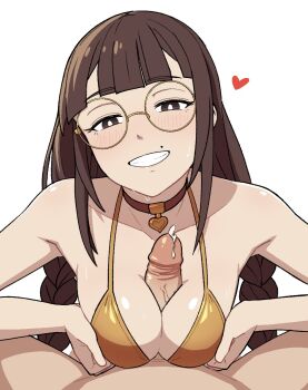 1boy 1girl artist_self-insert bikini blunt_bangs blush braid breasts bright_pupils brown_eyes brown_hair choker cum heart heart_choker hetero highres long_hair looking_at_viewer low_twintails medium_breasts mole mole_above_mouth naughty_face original paizuri penis pov realda_(vibrantrida) red_choker round_eyewear simple_background smile swimsuit twin_braids twintails uncensored vibrantrida white_background white_pupils yellow-framed_eyewear yellow_bikini