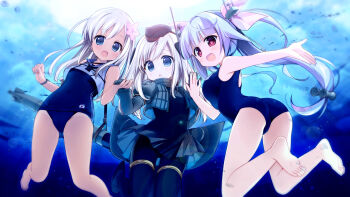 10s 3girls :d :o ahoge air_bubble ass barefoot blonde_hair blue_eyes bubble cameltoe crop_top dual_persona fang feet flower garrison_cap hair_flower hair_ornament hat highres holding_hands i-19_(kancolle) kantai_collection long_hair multiple_girls nagayama_yuunon noseless one-piece_swimsuit open_mouth purple_eyes purple_hair ro-500_(kancolle) school_swimsuit smile soles star-shaped_pupils star_(symbol) swimsuit swimsuit_under_clothes symbol-shaped_pupils toes torpedo u-511_(kancolle) underwater uniform