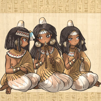 3girls ancient_egyptian ancient_egyptian_clothes aulos barefoot black_hair bracelet breasts dark-skinned_female dark_skin dress earrings feather_hair_ornament feathers full_body hair_ornament hat headdress hieroglyphics highres instrument ironlily jewelry long_hair looking_at_another medium_hair multiple_girls music nipples no_bra one_breast_out original palms_together playing_instrument see-through_clothes see-through_dress sitting small_breasts white_dress