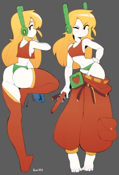 1girl android artist_name ass bare_arms barefoot black_eyes black_hair blonde_hair breasts cleavage clothes_pull colored_skin commentary contrapposto crop_top curly_brace doukutsu_monogatari english_commentary eyes_visible_through_hair feet from_behind full_body gort12 green_panties grey_background gun hand_on_own_hip heart holding holding_gun holding_weapon knee_up long_hair looking_at_viewer looking_back multiple_views navel one_eye_closed panties pants pants_pull pocket red_pants red_tank_top red_thighhighs robot_ears sideboob simple_background small_breasts smirk standing standing_on_one_leg stomach tank_top thick_thighs thighhighs thighs underwear weapon white_skin