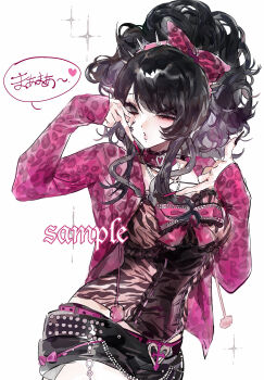 1girl agejo_gyaru animal_print baydee belt big_hair black_belt black_hair black_nails black_shorts bow brown_eyes brown_shirt choker commission frilled_choker frills gyaru hair_bow hair_up hashtag-only_commentary headband highres jacket jewelry lace lace-trimmed_shirt lace_trim leopard_print mole mole_under_mouth multicolored_nails multiple_belts necklace original parted_bangs pink_belt pink_bow pink_choker pink_headband pink_jacket pink_nails pom_pom_(clothes) second-party_source shaka_sign shirt short_shorts shorts sidelocks simple_background sleeves_past_wrists solo sparkle spiked_headband tiger_print upper_body very_long_fingernails wallet_chain watermark white_background y2k_fashion