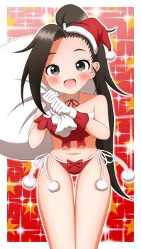 1girl absurdres bikini black_eyes black_hair commentary_request hat high_ponytail highres ishigakiseiya kunoichi_tsubaki_no_mune_no_uchi long_hair looking_at_viewer open_mouth ponytail santa_bikini santa_costume santa_hat solo swimsuit tsubaki_(kunoichi_tsubaki_no_mune_no_uchi)