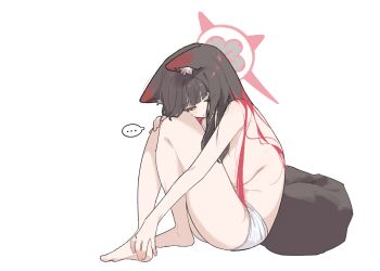 ... 1girl absurdres animal_ear_fluff animal_ears bare_legs bare_shoulders barefoot black_hair black_tail blue_archive blunt_bangs blush breasts colored_inner_hair crossed_ankles fox_ears fox_girl fox_tail from_side halo hand_on_own_knee highres large_breasts long_hair multicolored_hair no_bra panties red_hair red_halo sidelocks sitting smsm516 solo speech_bubble tail topless_female two-tone_hair underwear wakamo_(blue_archive) white_panties yellow_eyes
