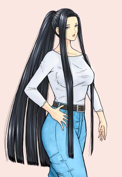 1girl absurdres black_eyes black_hair blue_pants breasts cropped_legs highres long_hair looking_at_viewer medium_breasts original pants ponytail shirt simple_background solo sososokami standing very_long_hair white_shirt