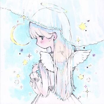 1girl angel angel_wings aqua_theme blonde_hair blue_eyes blush crescent_moon dress earrings feathered_wings frills from_behind hair_behind_ear halo hidari_(nanmu-left) highres jewelry long_eyelashes long_hair looking_at_viewer looking_back mini_wings moon nape original own_hands_clasped own_hands_together painting_(medium) puffy_sleeves see-through_clothes see-through_hair see-through_sleeves solo sparkle traditional_media veil watercolor_(medium) white_dress white_wings wings wrist_bow