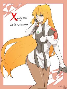 Rule 34 | 1girl, anniversary, closed mouth, commentary request, dated, elhaym van houten, gloves, highres, lips, long hair, military uniform, orange hair, pantyhose, skirt, solo, very long hair, x sakusifu, xenogears