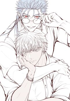 Rule 34 | 2boys, adjusting eyewear, archer (fate), blue hair, bracelet, brown eyes, commentary request, cu chulainn (fate), earrings, fate/grand order, fate (series), highres, hiyuri, hug, hug from behind, jewelry, long hair, looking at viewer, male focus, multiple boys, partially colored, red eyes, shirt, short hair, simple background, smile, upper body, white background