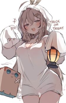 1girl ahoge black_hair breasts brown_eyes brown_hair cleavage commentary crossed_bangs double-parted_bangs english_text friend_(nanashi_mumei) ghost_costume gluteal_fold hair_between_eyes highres holding holding_lantern hololive hololive_english hood hood_up lantern medium_breasts multicolored_hair nanashi_mumei no_pants open_mouth orobou see-through_silhouette shirt sidelocks simple_background sleeves_past_fingers sleeves_past_wrists solo streaked_hair symbol-only_commentary teeth upper_teeth_only virtual_youtuber white_background white_hair white_shirt