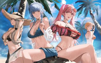 4girls alternate_costume back bikini black_bikini blonde_hair blue_bikini blue_eyes blue_hair breasts brown_eyes cleavage crossed_legs eyewear_on_head female_focus fingerless_gloves fire_emblem fire_emblem:_three_houses fire_emblem_heroes from_below gloves hair_over_shoulder hat hilda_valentine_goneril hilda_valentine_goneril_(summer) j@ck large_breasts leonie_pinelli leonie_pinelli_(summer) light_blue_hair long_hair marianne_von_edmund marianne_von_edmund_(summer) matching_hair/eyes medium_breasts medium_hair mercedes_von_martritz mercedes_von_martritz_(summer) midriff multiple_girls navel nintendo off-shoulder_bikini off_shoulder open_mouth orange_bikini orange_eyes orange_hair palm_tree pink_bikini pink_eyes pink_hair sarong see-through_clothes short_hair sideboob sitting smile sun_hat sunglasses sunglasses_on_head swimsuit tree twintails underboob wet
