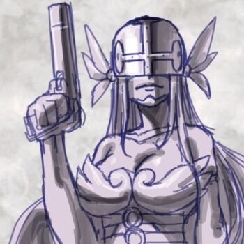 Rule 34 | 1girl, angel, angel girl, angewomon, auto-9, belt, digimon, digimon (creature), female focus, gerusyu, gun, handgun, head wings, long hair, lowres, mask, parody, pistol, pose imitation, robocop, solo, submachine gun, upper body, weapon, wings