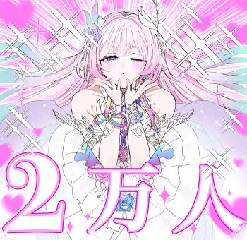 1girl alternate_form armlet bare_shoulders bishie_sparkle blowing_kiss blue_flower blue_hair blue_ribbon blue_rose breasts carrot_011 commentary_request cowboy_shot cyrene_(demiurge)_(honkai:_star_rail) cyrene_(honkai:_star_rail) diamond-shaped_pupils diamond_(shape) dress earrings fingernails floating_hair flower gradient_hair green_hair green_ribbon hair_between_eyes hair_branch hair_flower hair_ornament hair_ribbon half-closed_eye hands_up heart highres honkai:_star_rail honkai_(series) jewelry leaf_hair_ornament lips long_hair looking_at_viewer medium_breasts motion_lines multicolored_hair multicolored_ribbon off-shoulder_dress off_shoulder official_alternate_costume official_alternate_hairstyle one_eye_closed open_mouth pink_flower pink_hair pink_rose pointy_ears purple_eyes purple_flower purple_ribbon purple_rose ribbon ring rose short_sleeves single_earring solo sparkle streaked_hair symbol-shaped_pupils very_long_hair white_dress white_hair