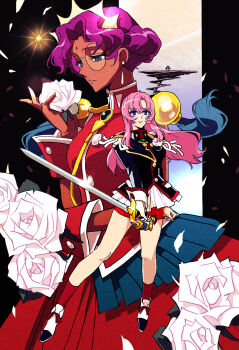 2girls bindi black_jacket blue_eyes breast_pocket breasts buttons commentary cowboy_shot dark-skinned_female dark_skin dress earrings epaulettes falling_petals flower full_body glasses green_eyes hand_up highres himemiya_anthy holding holding_flower holding_sword holding_weapon jacket jewelry long_hair medium_breasts miniskirt multiple_girls nobita_(makoto7060355) parted_lips petals pink_hair pleated_skirt pocket purple_hair red_dress red_shorts red_socks rose rose_petals round_eyewear shoes short_hair shorts shorts_under_skirt shoujo_kakumei_utena skirt sleeve_cuffs socks spiral_staircase stairs standing sword sword_of_dios tenjou_utena tiara weapon white_flower white_petals white_rose white_skirt wrist_cuffs