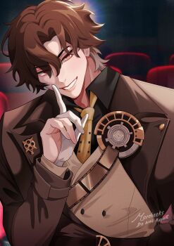 1boy artist_name black_shirt brooch brown_hair brown_jacket brown_vest collared_shirt curtained_hair eyes_visible_through_hair film_strip gloves grin hair_over_one_eye head_tilt highres honkai:_star_rail honkai_(series) index_finger_raised jacket jewelry long_sleeves looking_at_viewer male_focus moscheeks movie_theater mr._reca_(honkai:_star_rail) multicolored_hair necktie partially_fingerless_gloves red_eyes shirt short_hair smile solo symbol-shaped_pupils theater_seating triangle-shaped_pupils two-tone_hair upper_body vest white_gloves wing_collar yellow_necktie
