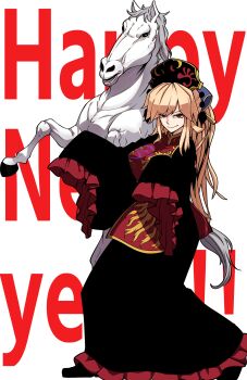 1girl absurdres black_dress black_hat blonde_hair chinese_zodiac closed_mouth commentary_request crescent_print dalachi_(headdress) dress english_text happy_new_year hat highres junko_(touhou) kikoka_(mizuumi) long_hair long_sleeves looking_at_viewer new_year red_eyes red_tabard simple_background sleeves_past_fingers sleeves_past_wrists smile solo tabard touhou very_long_hair white_background white_horse wide_sleeves year_of_the_horse