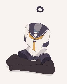 1girl aoba_(kancolle) black_thighhighs clothes_focus grey_background hair_ornament hair_scrunchie highres ikadamo invisible kantai_collection neckerchief pantyhose sailor_collar school_uniform scrunchie serafuku short_shorts short_sleeves shorts simple_background sitting solo thighhighs yellow_neckerchief