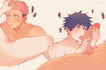 2boys absurdres artist_name black_hair blush clitoris colored_pubic_hair cunnilingus cuntboy cuntboy_with_male fushiguro_megumi heart heart-shaped_pupils highres itadori_yuuji jujutsu_kaisen large_penis male_focus multicolored_hair multiple_boys nude oral penis pink_hair pink_pubic_hair pubic_hair pussy pussy_juice saliva scar scar_on_face scar_on_forehead scar_on_mouth short_hair sobskoo spread_legs symbol-shaped_pupils teeth tongue tongue_out two-tone_hair undercut veins veiny_penis