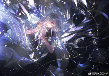 1girl absurdres chinese_commentary commentary_request dress earrings floating_hair grey_hair hair_floating_upwards hair_ornament hair_over_one_eye halo hands_up highres holographic_interface jacket jewelry long_hair mornye_(wuthering_waves) parted_lips purple_dress red_eyes riko-m see-through_body solo space tacet_mark_(wuthering_waves) triangle_earrings white_jacket wuthering_waves
