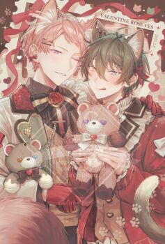 Rule 34 | 2boys, alternate costume, amamori (amamori14 9), animal ears, black bow, black bowtie, blue eyes, bow, bowtie, buttons, cat boy, cat ears, cat tail, chain, clenched teeth, collar, collared shirt, commentary, ensemble stars!, flower, frilled collar, frills, gloves, hair between eyes, hair ornament, hairpin, hand on another's shoulder, heart, heterochromia, highres, holding, holding stuffed toy, itsuki shu, kagehira mika, kemonomimi mode, lapels, long sleeves, looking at viewer, male focus, multiple boys, notched lapels, one eye closed, parted lips, paw print, pink hair, purple eyes, red flower, red gloves, red ribbon, red rose, ribbon, rose, shirt, short bangs, smile, stuffed animal, stuffed toy, symbol-only commentary, tail, teddy bear, teeth, tongue, tongue out, upper body, valkyrie (ensemble stars!), watermark, yellow eyes