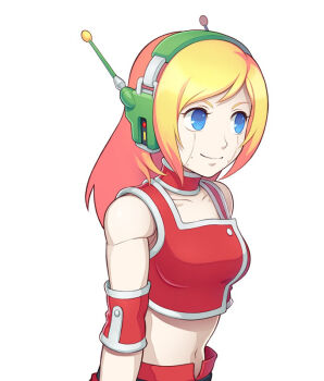 1girl bare_shoulders blade_strangers blonde_hair blue_eyes breasts choker closed_mouth crop_top curly_brace doll_joints doukutsu_monogatari joints long_hair medium_breasts midriff navel official_art red_choker robot_girl simple_background smile solo third-party_source upper_body white_background