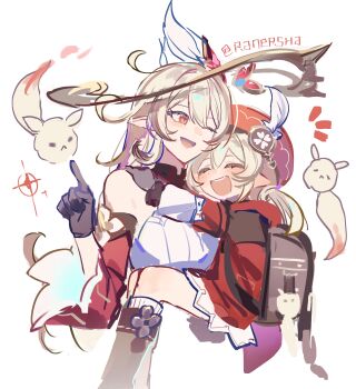 Rule 34 | 2girls, absurdres, alice (genshin impact), antenna hair, artist name, black gloves, blonde hair, breasts, cleavage, closed eyes, clover, commentary request, detached collar, detached sleeves, dodoco (genshin impact), dress, elf, feather hair ornament, feathers, four-leaf clover, genshin impact, gloves, hair between eyes, hair ornament, hat, highres, hug, index finger raised, klee (genshin impact), long hair, mother and daughter, multiple girls, newsboy cap, one eye closed, open mouth, pointing, pointing up, pointy ears, ranersha1, red dress, red eyes, red hat, signature, simple background, smile, tongue, twintails, twitter username, very long hair, white background