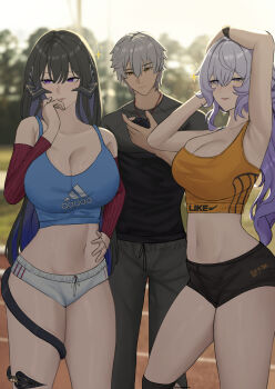 1boy 2girls 51325 absurdres armpits black_hair black_swan_(honkai:_star_rail) breasts caelus_(honkai:_star_rail) cleavage colored_inner_hair commentary constance_(honkai:_star_rail) demon_horns demon_tail english_commentary grey_hair hand_on_own_hip highres honkai:_star_rail honkai_(series) horns large_breasts long_hair mole mole_under_eye multicolored_hair multiple_girls navel outdoors pants prehensile_tail purple_eyes purple_hair shirt short_hair shorts sparkle sports_bra sportswear stopwatch tail tail_around_own_leg the_dahlia_(honkai:_star_rail) thighs trailblazer_(honkai:_star_rail) very_long_hair watch yellow_eyes