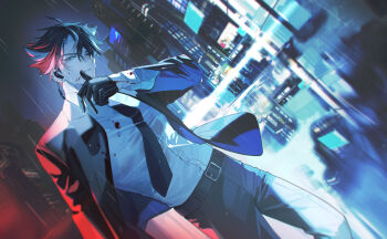 1boy belt black_gloves black_hair black_jacket black_necktie black_pants blood earrings genshin_impact gloves grey_eyes grey_hair hair_between_eyes highres hoyofair itefu jacket jewelry long_sleeves male_focus multicolored_hair necktie pants rain shirt short_hair solo streaked_hair water_drop white_shirt wriothesley_(genshin_impact)